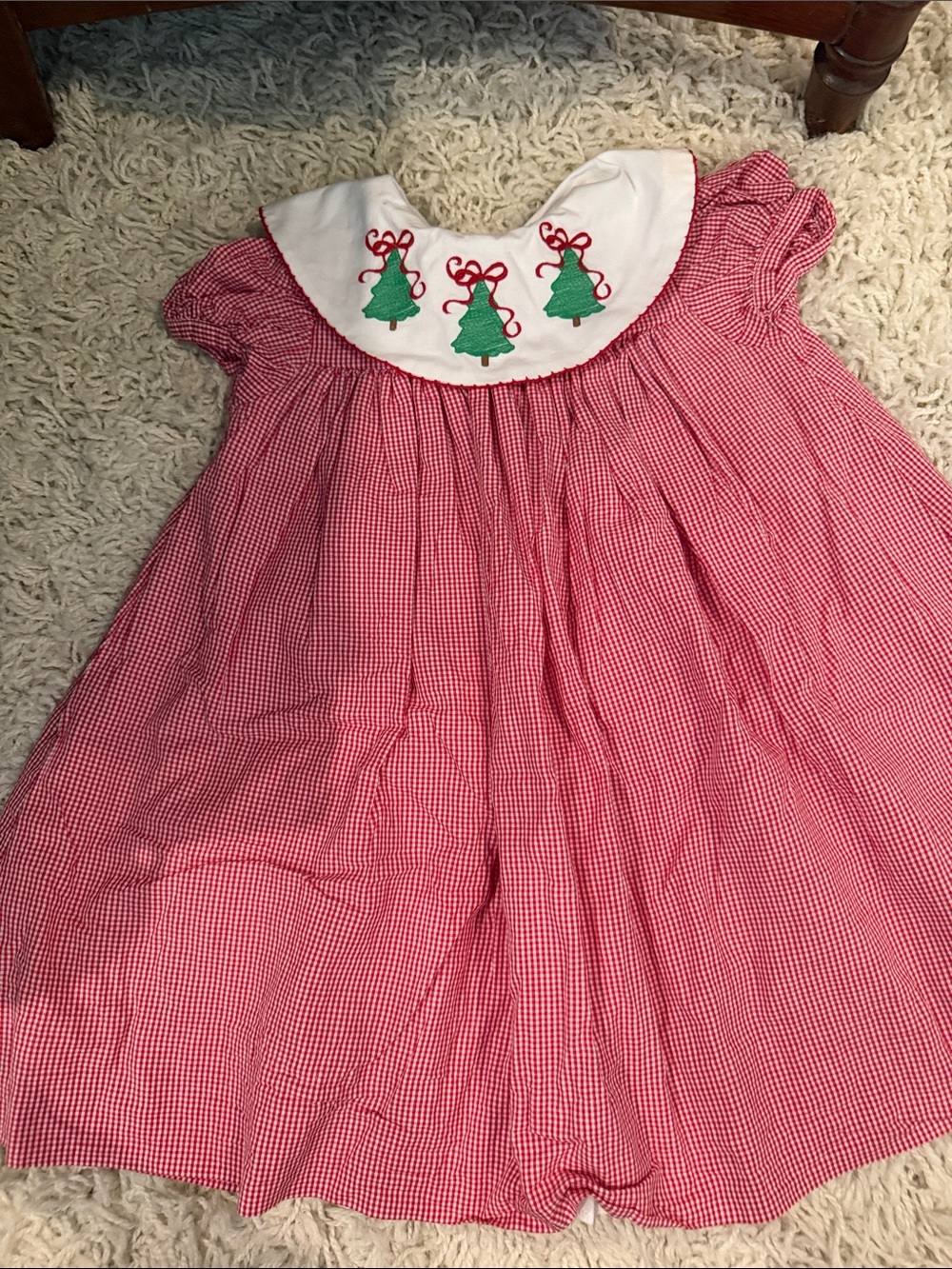 Girls' Red Gingham Holiday Dress with Embroidered White Collar
